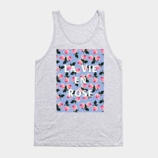 La Vie En Rose on blue - pink scattered vintage roses on blue Tank Top